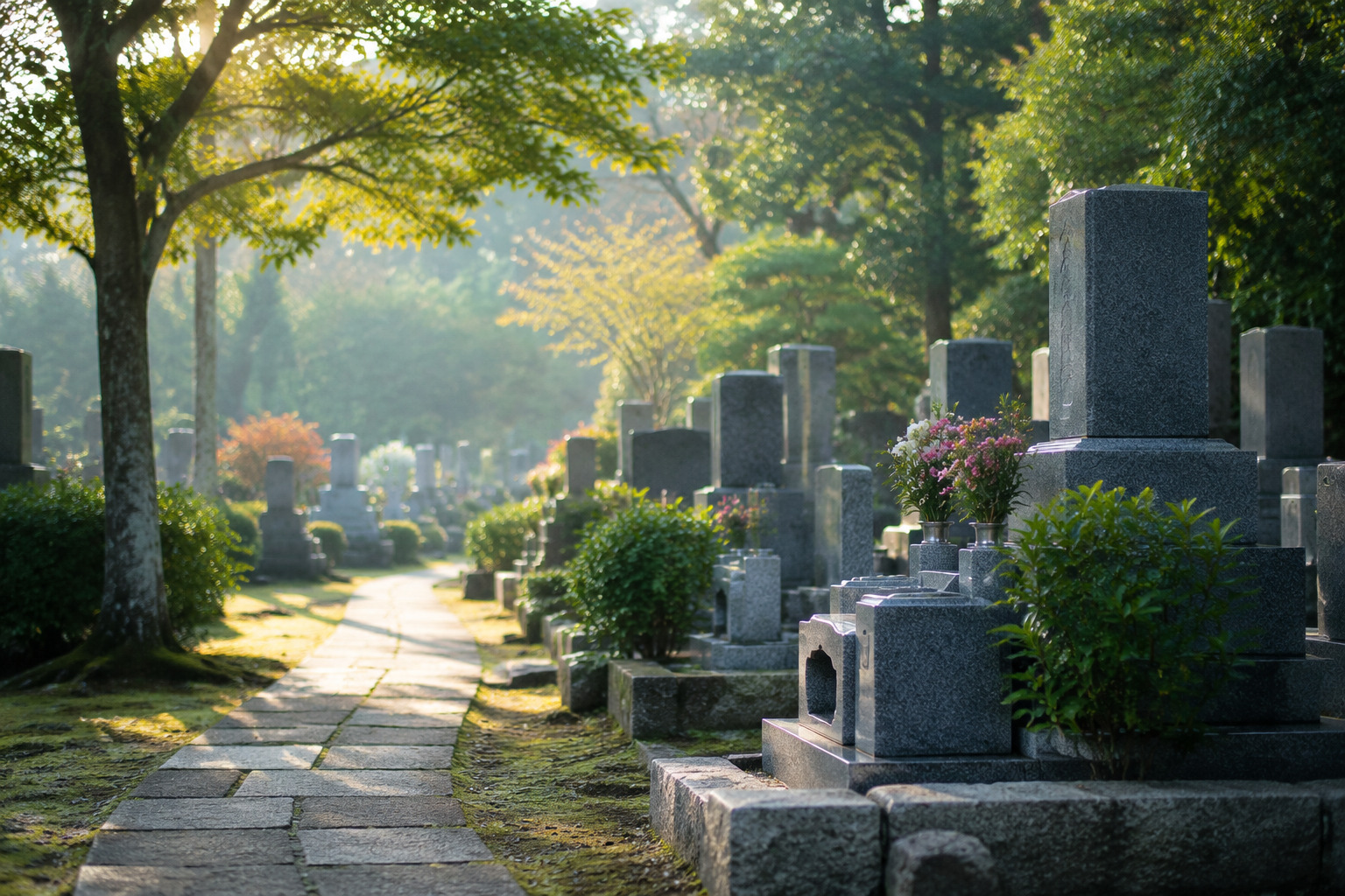 朝の光が差す静かな墓地の風景